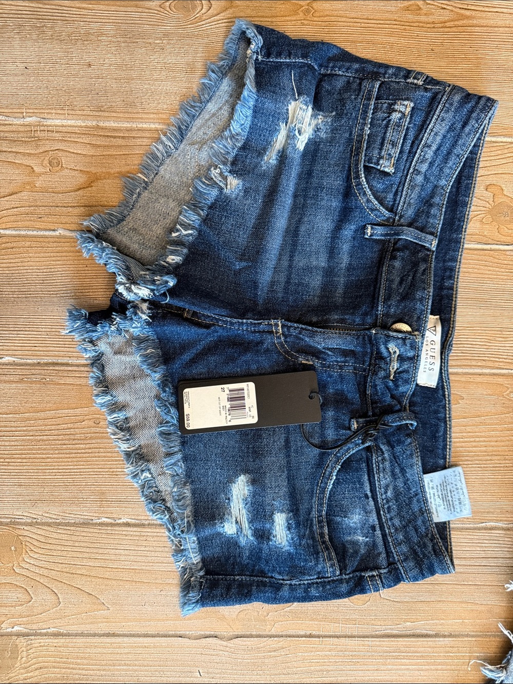 GUESS Dark Blue Frayed Hem Distressed Denim Shorts